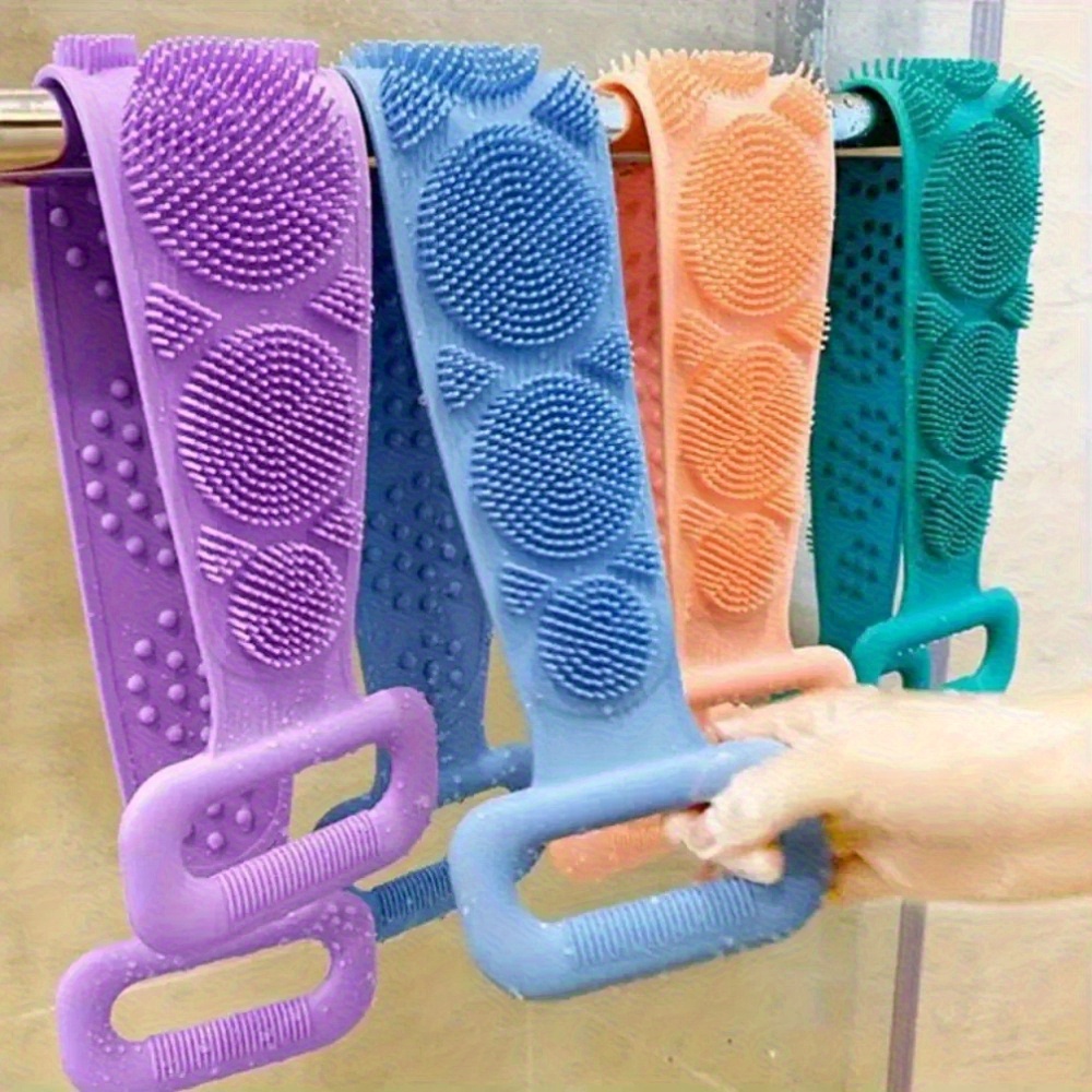 3pcs Green Purple Blue Mixed Set Body Sponge Silicone Brush Bath Towel Scrub Back Massage Shower Extension Light Beige Cleansing Brush, Bath Accessories, Bath Brushes, Bath Brushes For Women, Bath Brushes For Men