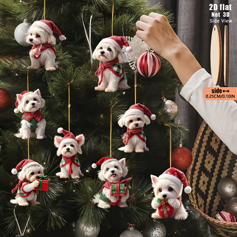 TEMU 2d Flat, 2d Flat 8pcs Set, Maltese Dog Wearing Various Christmas-themed Outfits And Hats, Wooden Hanging Ornament Set - Ideal For Christmas, New