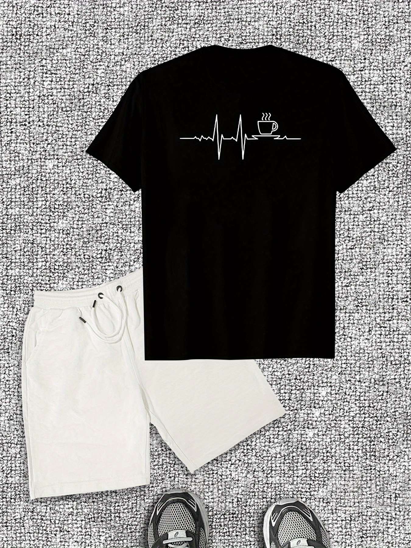 Men's Coffee Signal Pattern Short Sleeve T-Shirt Shorts Casual Set