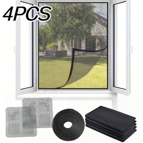 mosquitera autoadhesiva para ventana, 4 piezas, de instalar - pantalla de malla invisible para ventanas de dormitorio y , regulable de 59x51 pulgadas, ganchos adhesivos fuertes para mosquitos, moscas y arañas, de cama, diseño de tela de malla