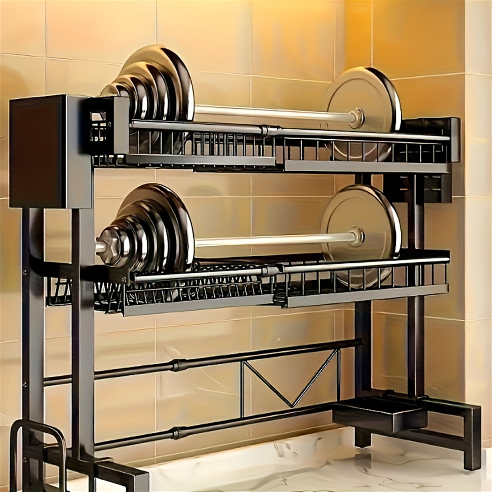 TEMU 1pc Adjustable Black Metal Kitchen Rack With Sink Slot And Lid - 2-tier Expandable Dish Rack With Utensil Holder, Plate Slots And Cutting Board