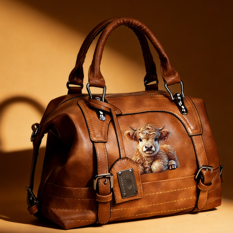 Image of 1pc Vintage Style Highland Cow Graphic Satchel Bag, Women's Top-handle Crossbody Purse With Adjustable Shoulder Strap For Casual Travel & Daily