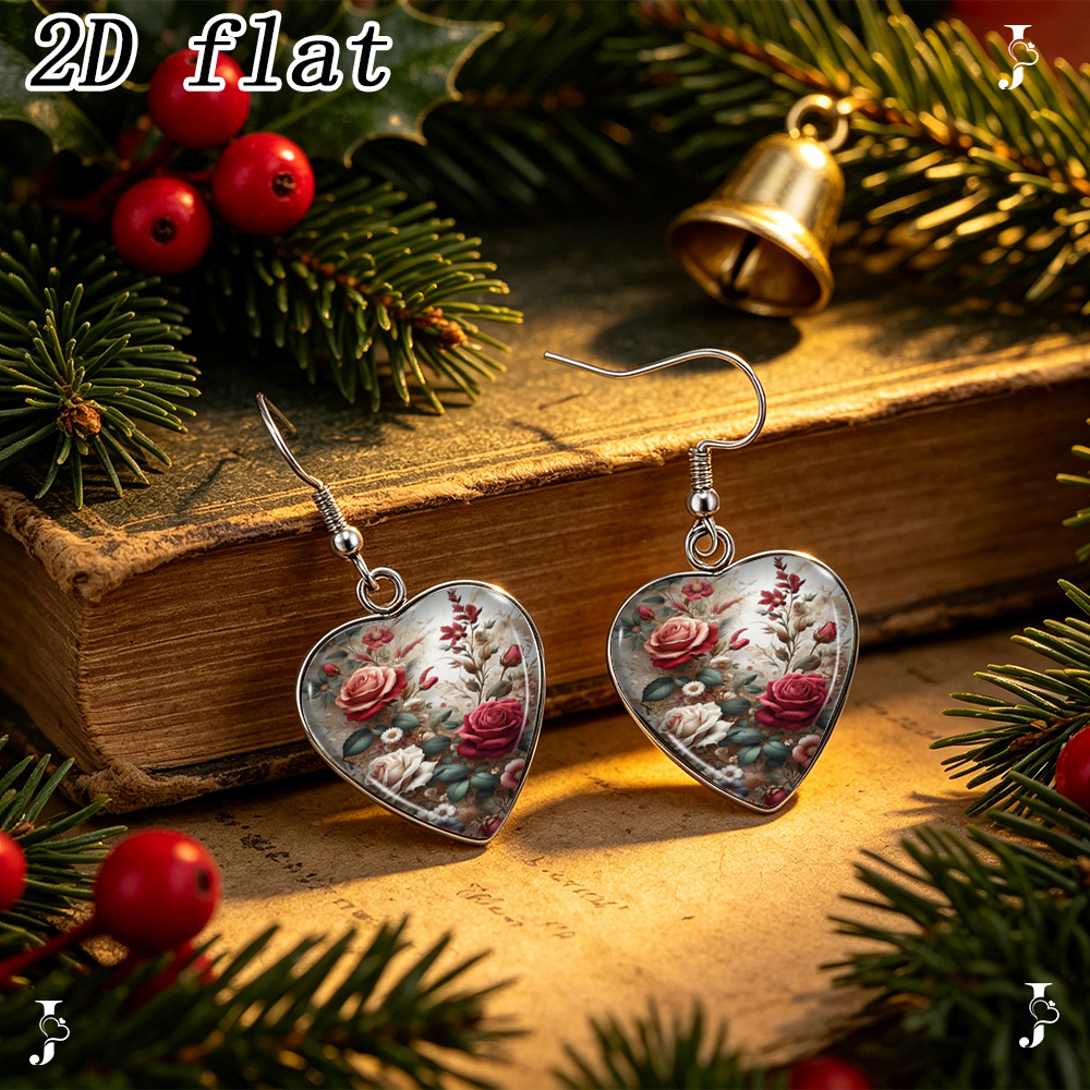 Vintage Red Rose Floral Pattern Heart Earrings, Handmade Glass