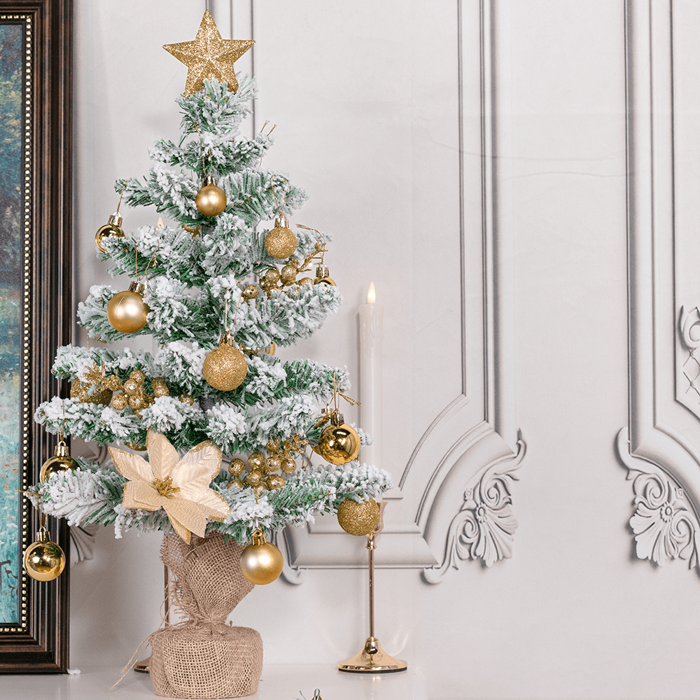 23.62inch Large Artificial Christmas Tree with Golden Topper & Golden Ornaments - Realistic Flocked Tree with Golden & Decorations, Soft Touch Plastic Holiday Decor For Home, Office, All-season Display, Christmas Tree Decorations