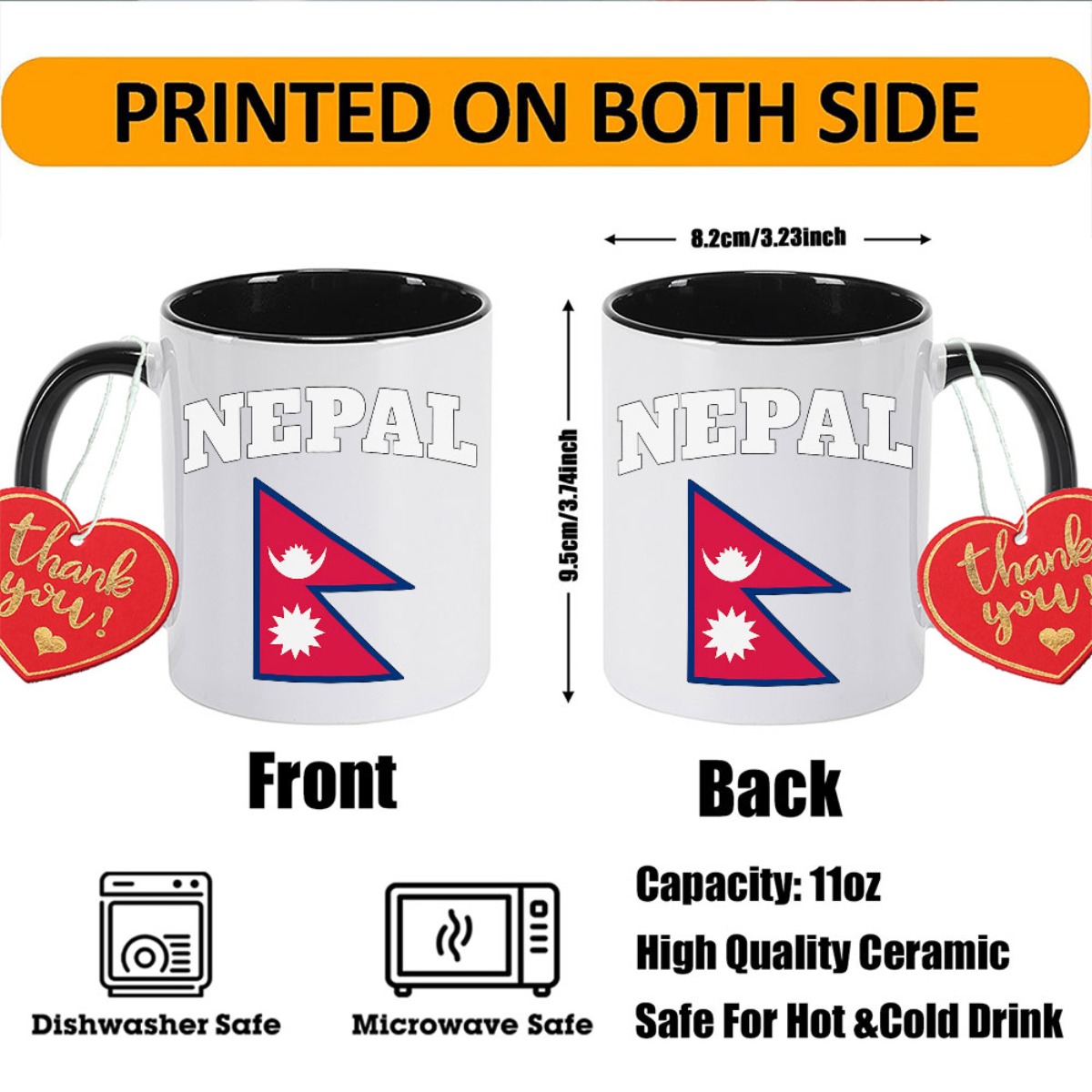 1pc Nepal Flag & NEPAL Text Ceramic Mug - 11oz Coffee Cup with Nepal National Emblem Print, Tea Cup for Home, Office, Holiday Gifts (Scratch-Resistant)