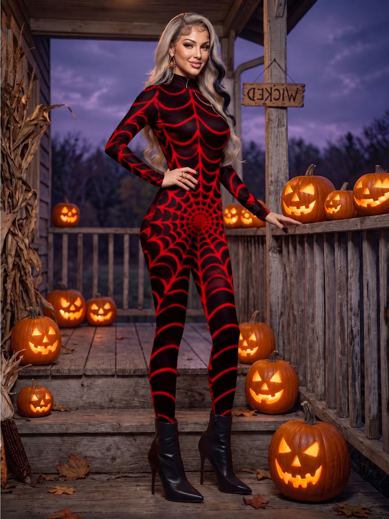 festival themed long sleeved jumpsuit with   and   red   web art print   fit to   figure halloween party stage performance costume