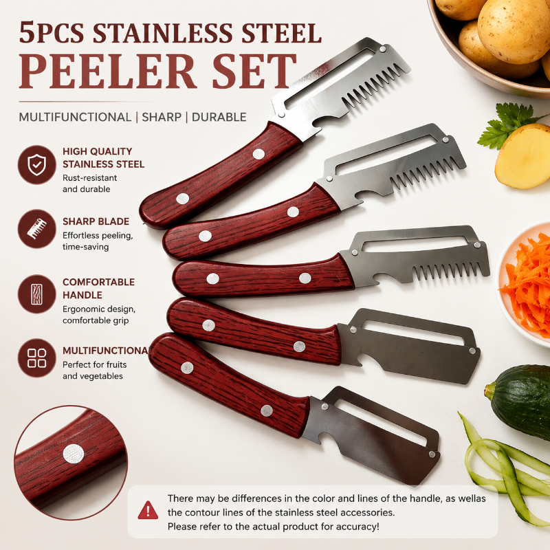 Image of Premium Thickened Steel Multifunctional Peeler Set, 5pcs (3pcs Serrated Slicer And 2pcs Peelers), Ergonomic Wood Grain Non-slip Handle; Peeling/slicing/bottle Opening 3-in-1 Precision Kitchen Knife