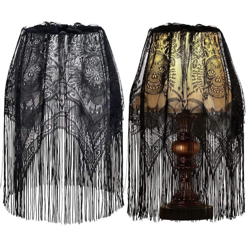 TEMU Gothic Lampshade, 2pcs 59x21 Inch Black Lace Head Halloween Lampshade Cover With Tassel For Theme Party Decoration