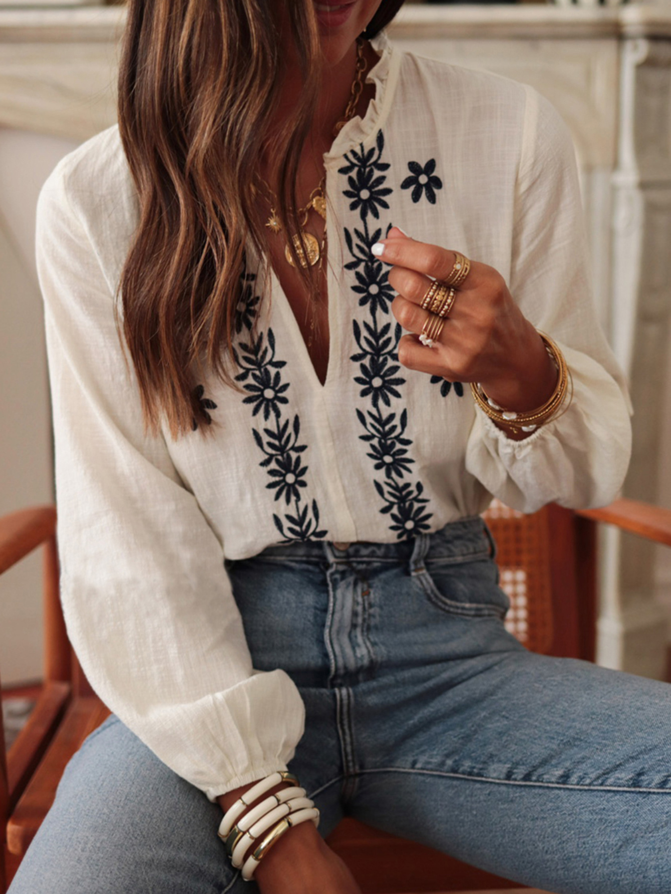 Blusa Elegante de Mujer con Bordado Floral y Cuello con Volantes y  Abullonadas Lavable a Máquina para */Verano, M