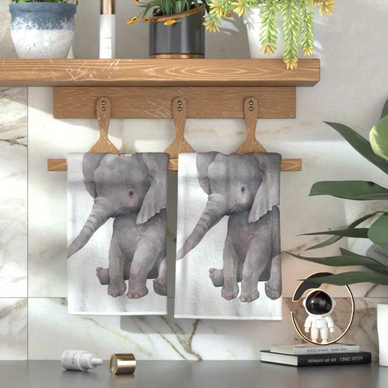 

2pcs Elephant Towel Set, 18x26 Inches, Super Soft Polyester, Contemporary Themed, Machine Washable, Woven, Use For Kitchen, Bathroom, Gym - Ideal For Kids & Adults