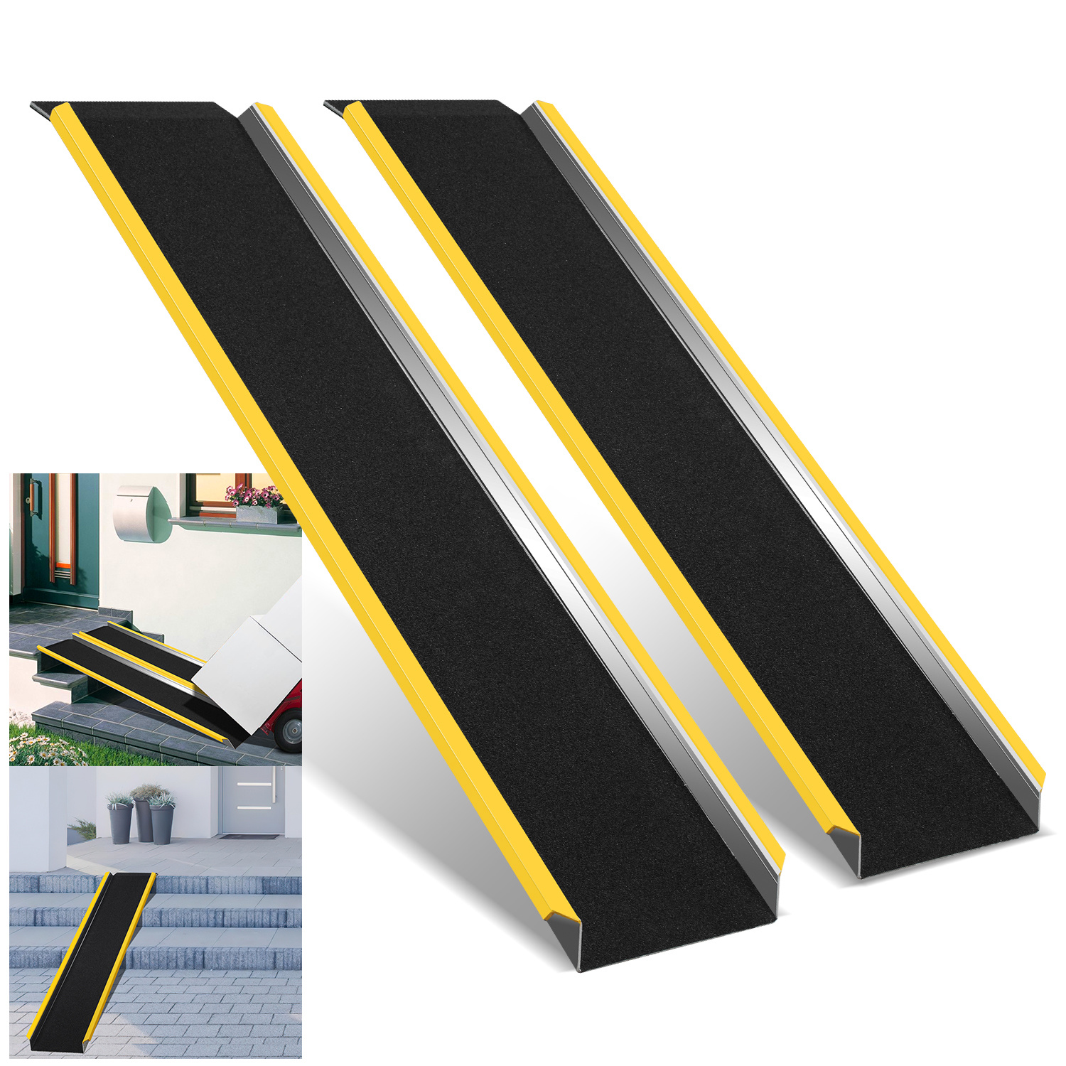 2x Heavy-duty Galvanized Access Ramps With Yellow Warning Stripes - Suitable For Motorbike, Atv/, Trailer, Loading Ramps | Anti-slip Ramp, 300kg Capacity, 118cm Length For Vehicle & Transport