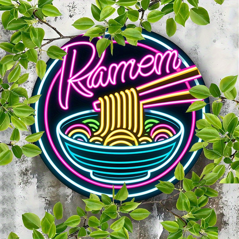 TEMU 2d Flat, Vintage Ramen Neon Sign Wall Art - Round Noodle Bowl Decor With Chopsticks & Ramen Bowl Design, Frame Suitable For Bars, Cafes, Beach