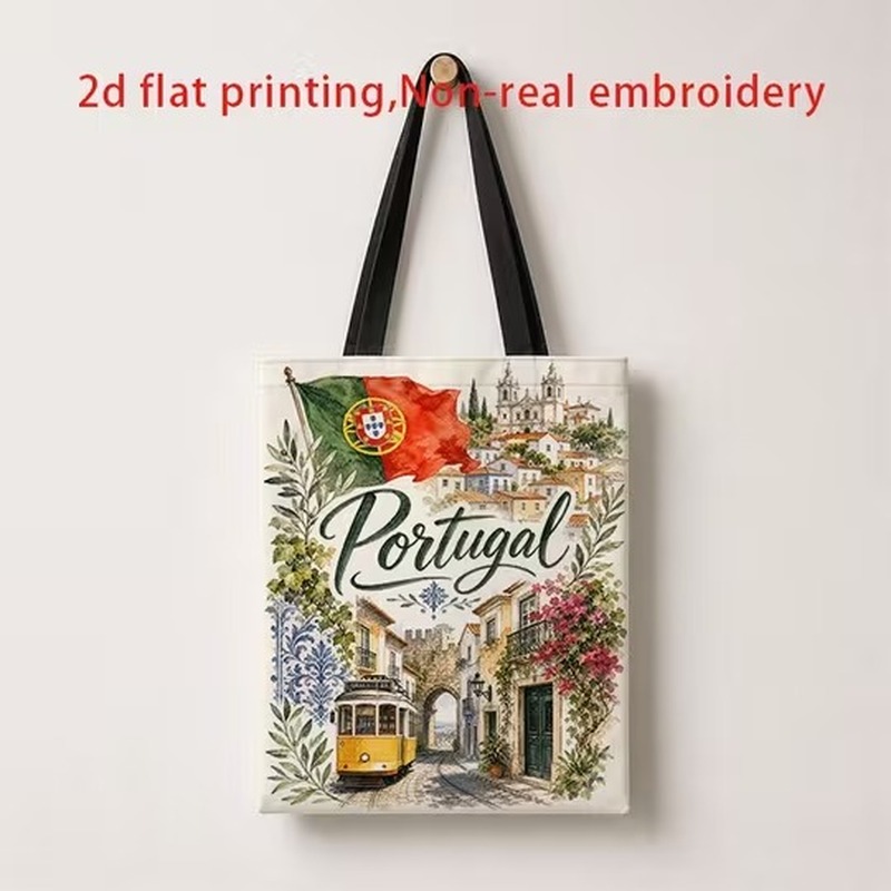 TEMU Sac fourre-tout 1 pièce, , , imprimé paysage portugais, convient pour les , le shopping, les courses quotidiennes et , style vintage , motif