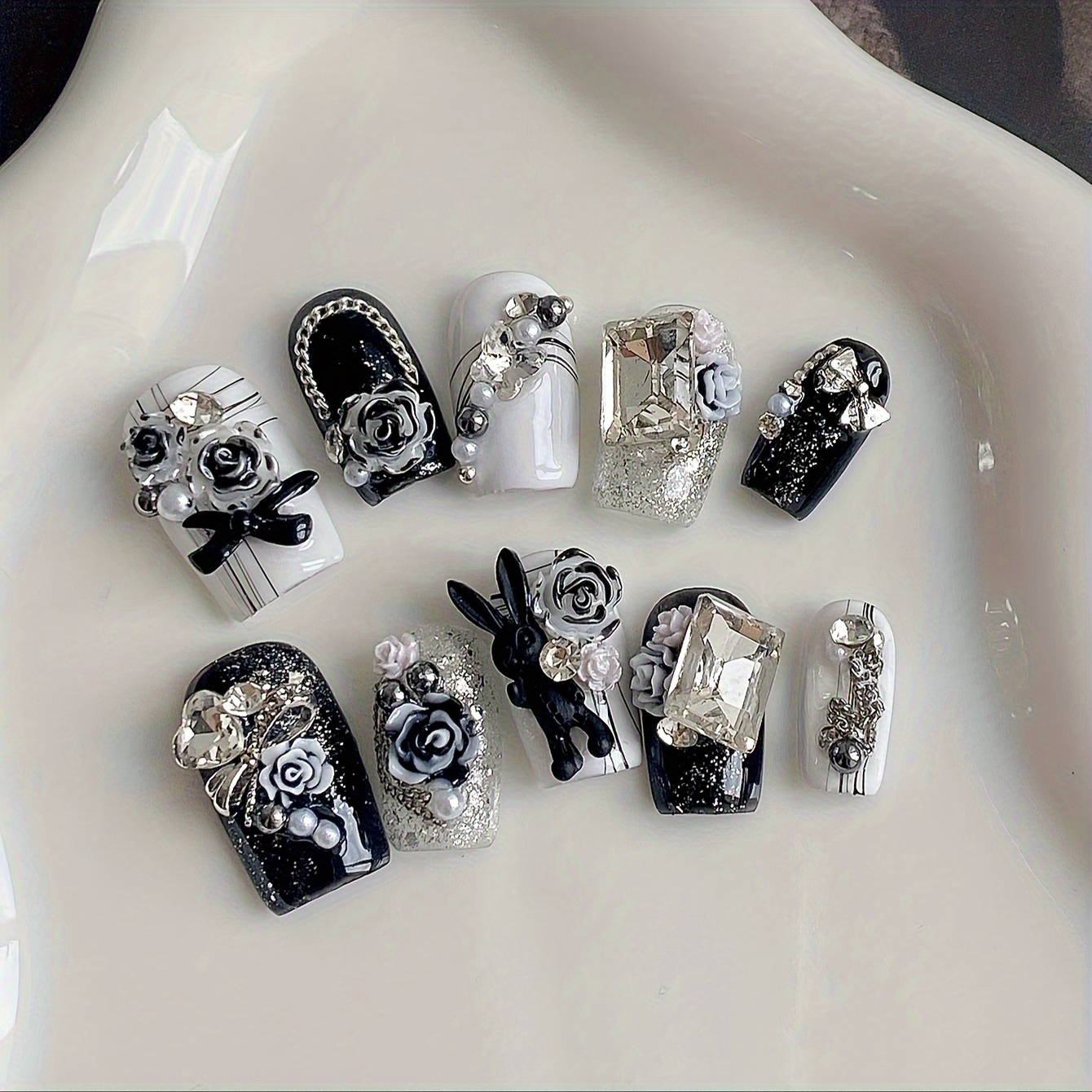 TEMU 10 Adesivi per Unghie Eleganti a , Stile Punk e , Lunghezza Media, con Decorazioni Glitterate, Motivi e Animali, Superficie , Adatti per Feste e