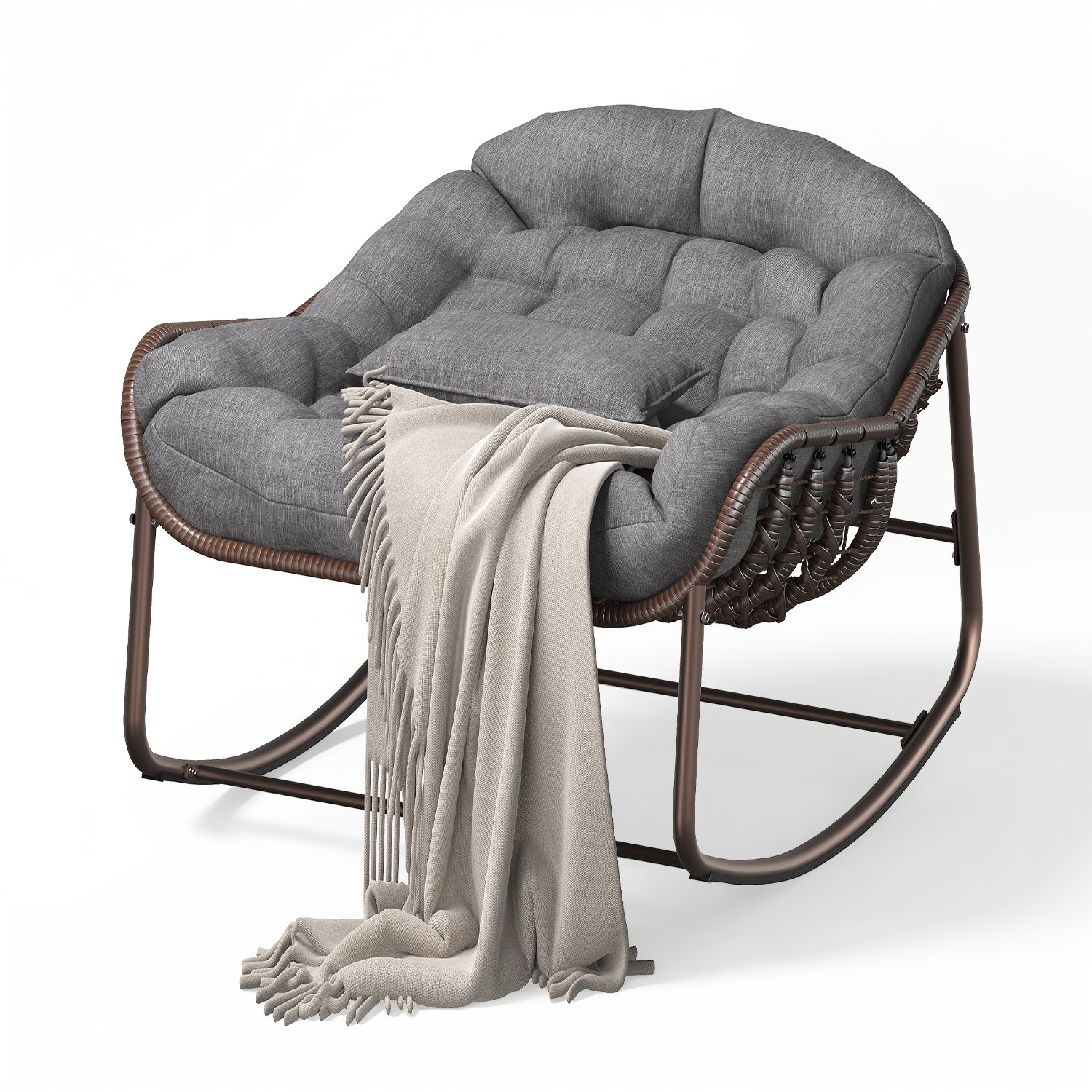 TEMU Rattan Egg-shaped Rocking Chair With Cushion, Wicker Papasan Rocker Chair For Outdoor Garden Patio Balcony Terrace, Comfortable Lounge Armchair