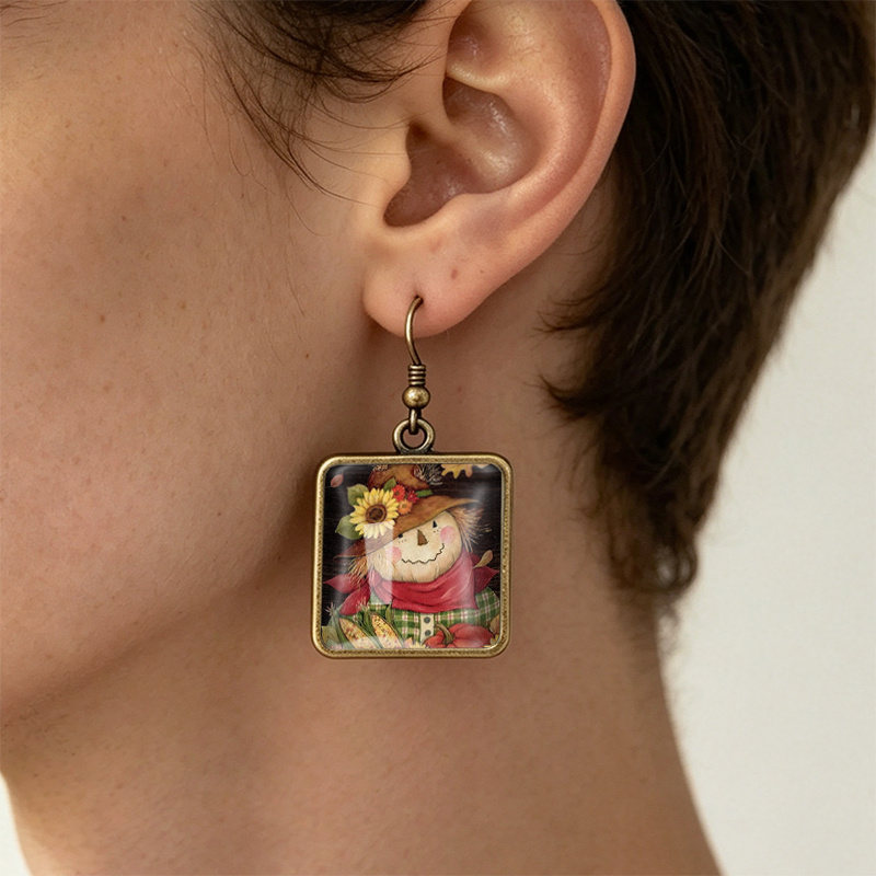 Unisex Autumn Sunflower Scarecrow Square Hook Hanging Earrings