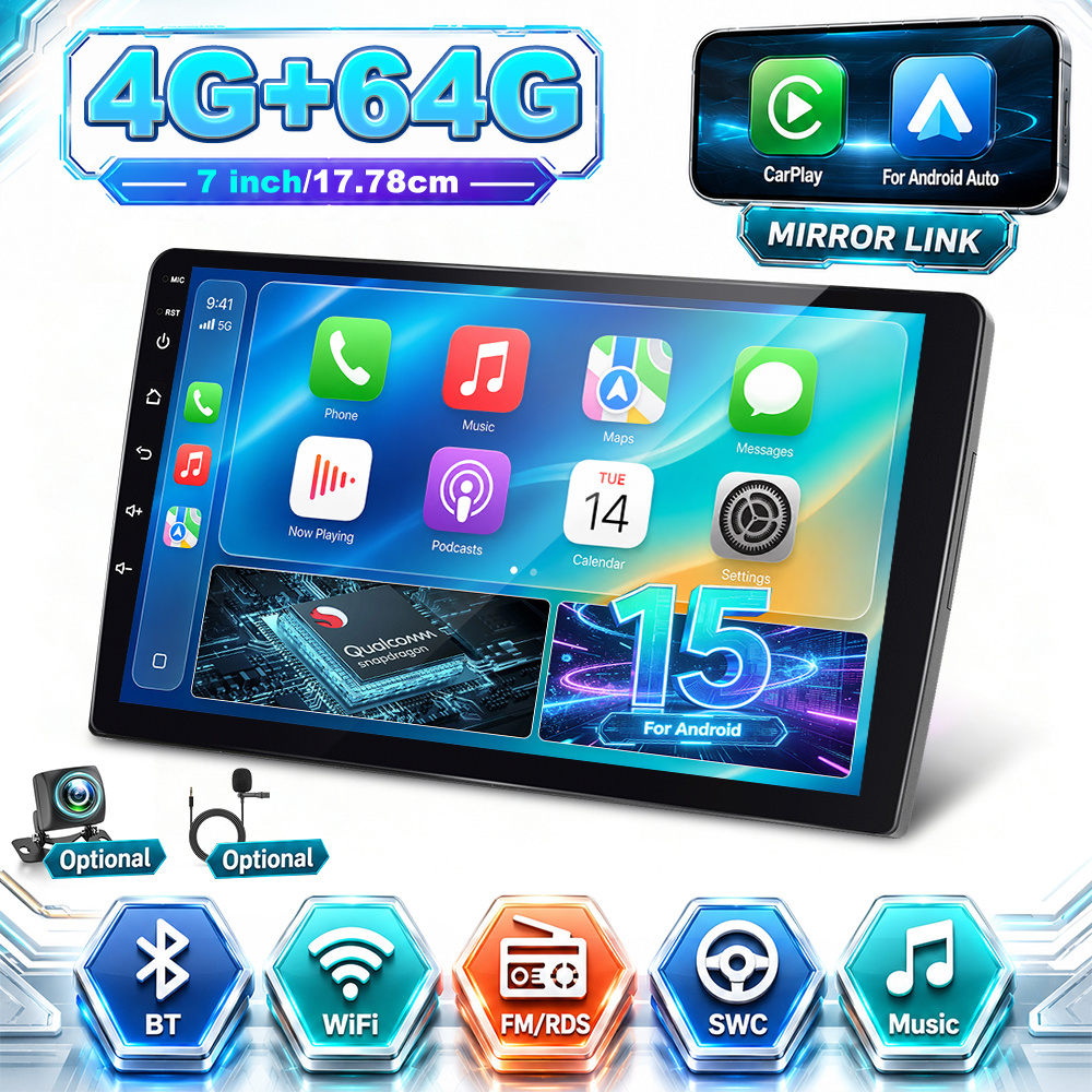 Image of 4gb+64gb Qualcomm Snapdragon 8-core, 7' 1024x600 Ips Touch Screen Car Radio 15 & Auto , Built-in Gps, , Fm/rds Radio, Bluetooth 5.1, Car Multimedia Player