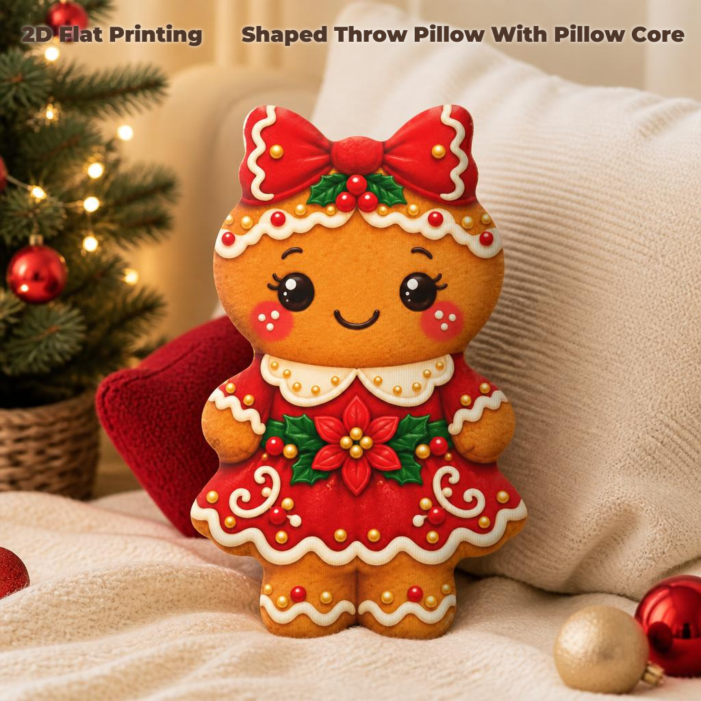 TEMU Coussin décoratif de biscuit de Noël pain d'épices et poinsettia, coussin de décoration rembourré à impression 2D plate pour cadeau, chambre,