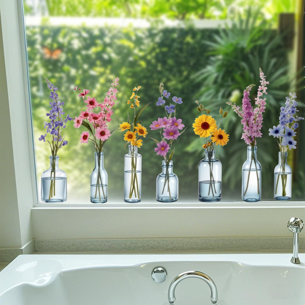 E-shop Wiederverwendbare statische Blumenvasen-Fensteraufkleber - Lebendige mehrfarbig Tulpen, Gänseblümchen & Lavender-Blumendetails mit realistischer