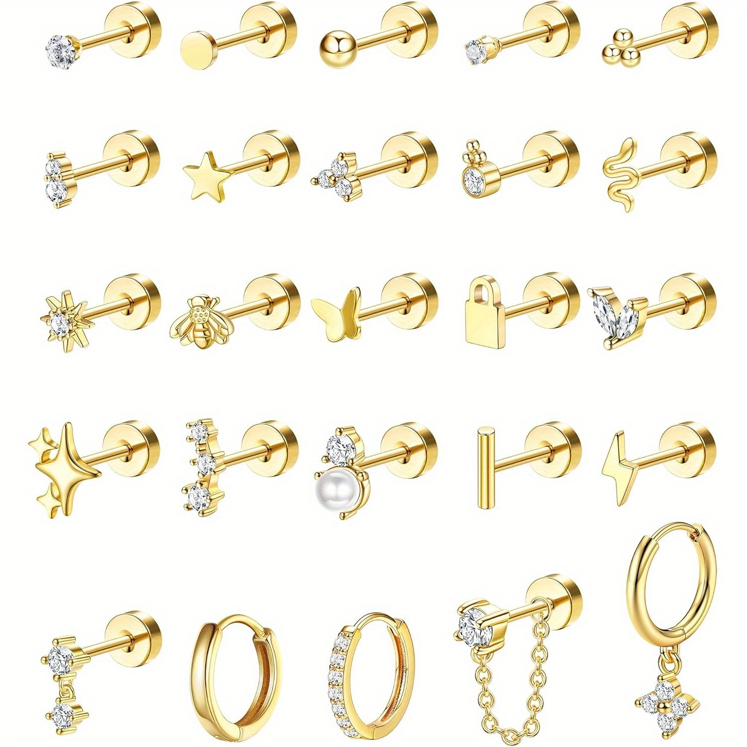 Image of 2d Flat - 25pcs Of Hypoallergenic Earrings Designed For Sensitive Ears, Made From Surgical Stainless Steel. Delicate Flat Back Studs And Hoop Cartilage Earrings Are Suitable For Piercings