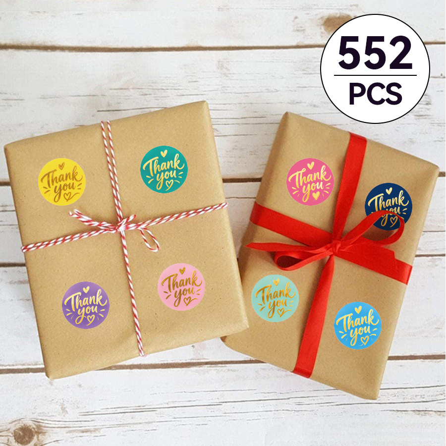 TEMU 552pcs Golden "thank You" English Rolled Round Stickers, 2.5cm Multicolor Heart-shaped Thank You Self-adhesive Stickers, Gift Box Sealing