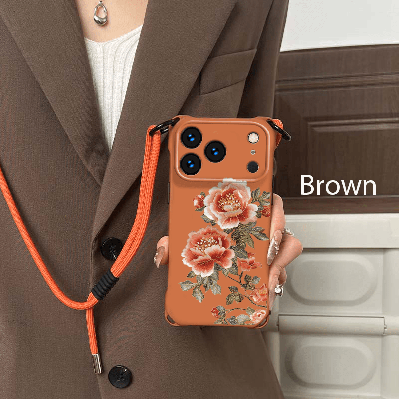 TEMU Coque de téléphone - Tendance, , motif feuille verte et fleur rouge, ouvertages aux , anti-chute, avec cordelette, compatible avec Iphone