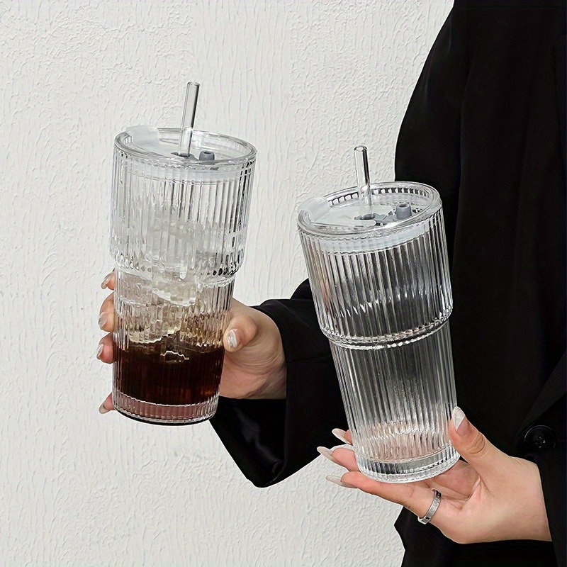 1pc 600ml large striped glass cup with lid insulated reusable for cold drinks juice coffee ideal for home office and holiday   hand wash only versatile drinkware stylish drinkware insulated glass cup Product details 0