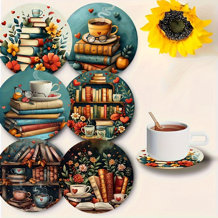 TEMU 6pcs Vintage Book-themed Coaster Set - Wooden Heat-resistant Drink Coasters With Floral And Book Stack Design, Suitable For Coffee, Tea, And