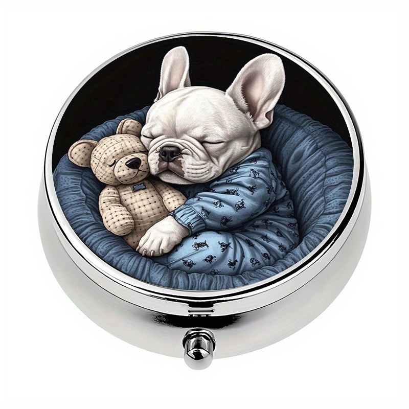 TEMU 1pc Pill Box With 3 Compartments French Bulldog Puppy Sleeping Theme Mini Pill Container, Pill Organizer, Unique