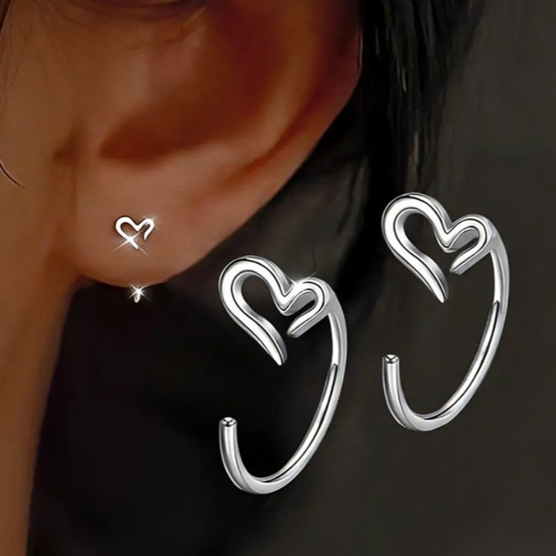 Image of 1 Pair Women' Heart Ear Studs - Small Compact Ear Hooks With K Plating, Minimalist Suitable For Piercings, -shaped For Daily Wear, Parties, Vacations, Accessories