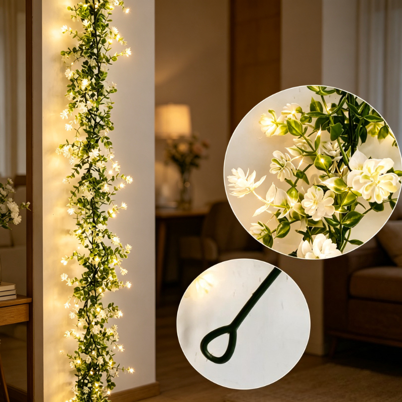 TEMU Nordic Stijl Groen, Witte/Gouden Eucalyptus Bloemen, 180Cm Lange Slinger met Kleine Bloemen En 2M 20LED Lichtsnoer, Geschikt voor Slaapkamer,