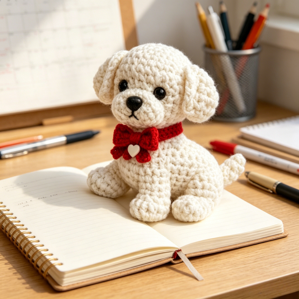 1pc cute puppy crochet kit for beginners complete diy amigurumi set with yarn tools tutorial handmade knitted   with red bow perfect gift for kids adults easy to start crochet project for craft lovers Product details 1