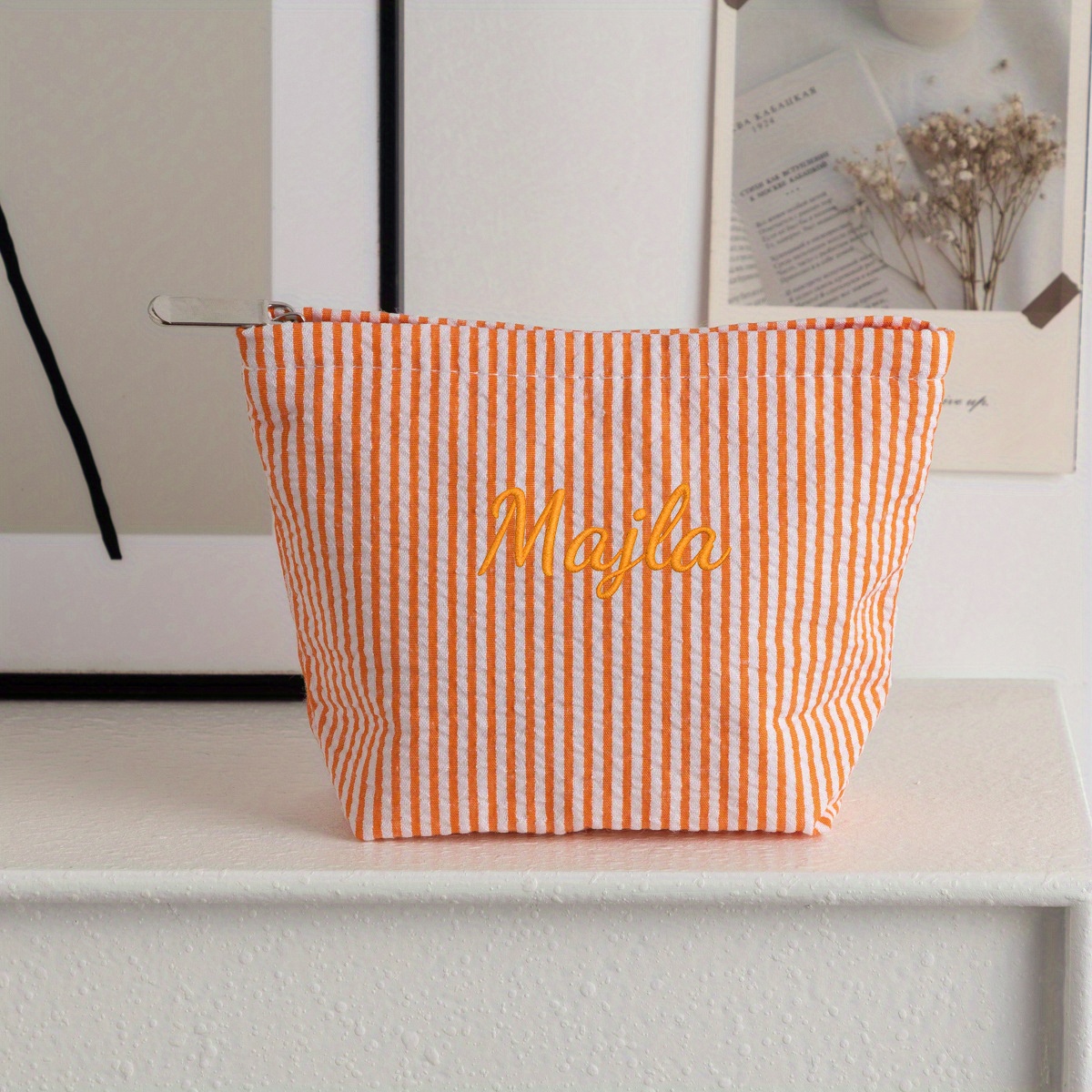 TEMU Custom Embroidered Striped Cosmetic Bag - Toiletry Pouch With Zipper Closure, Durable Polyester Makeup Organizer For Women, Portable Wash Bag 9