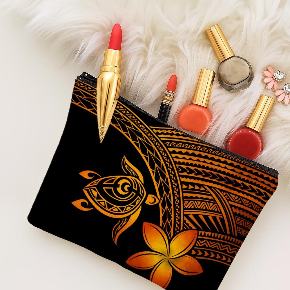 TEMU 1 pièce Trousse de maquillage polynésienne et trousse de toilette de voyage pliable avec fermeture éclair, tortue fleur orange et noire, cadeaux