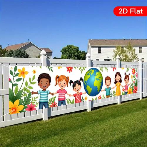 item picture 2d flat 1pc large 17 7x78 7 inch friendship banner kids holding hands with flowers durable polyester indoor outdoor decoration for birthdays weddings anniversaries christmas easter thanksgiving vibrant multicolor with greenery backdrop no electricity needed easy to hang with included 2d flat