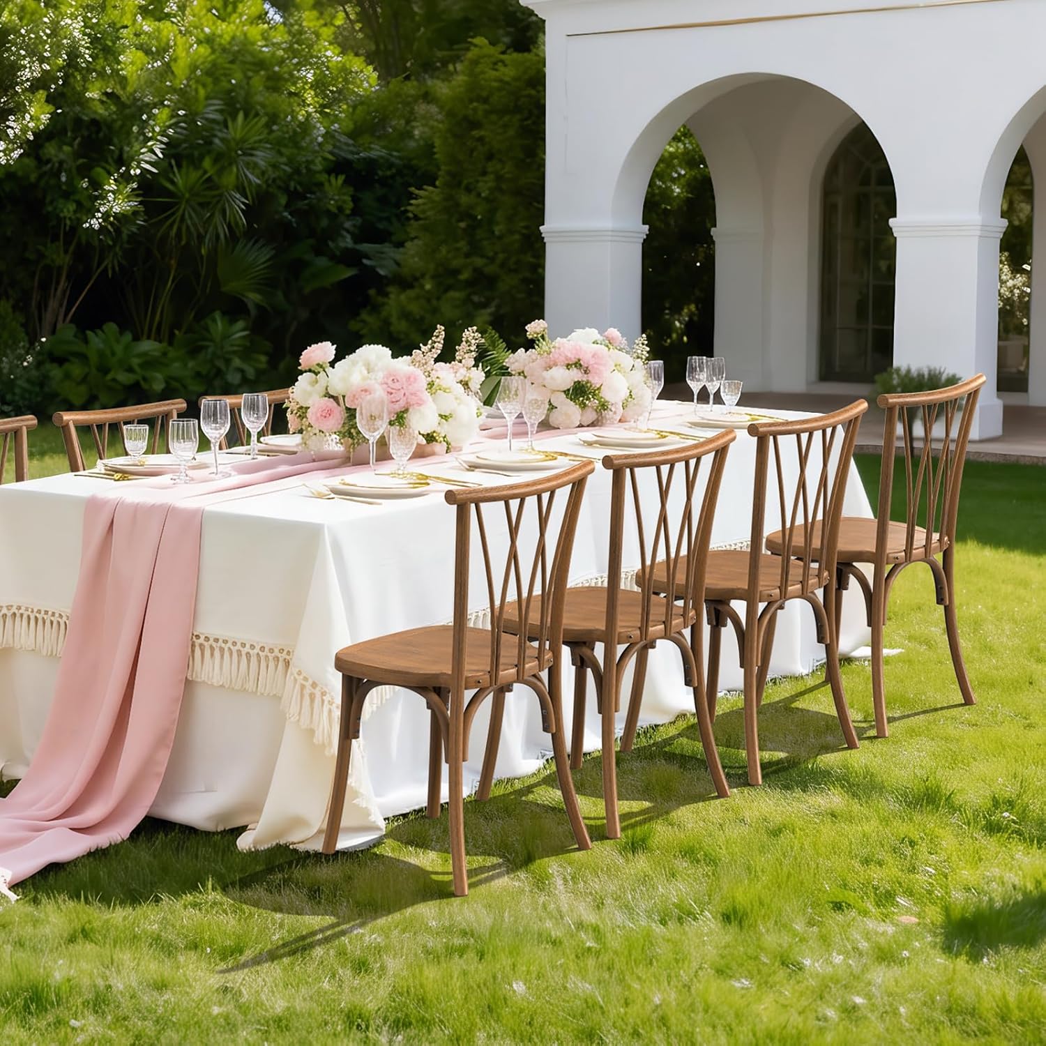 Plastic Outdoor Dining Chairs Set of 4/8, Stackable Patio Chairs with Wicker Backrest, Waterproof Indoor Outdoor Kitchen Chairs, 400 Lbs Weight Capacity, Farmhouse Brown/Black/White Wedding Party Banquets Waiting Chairs