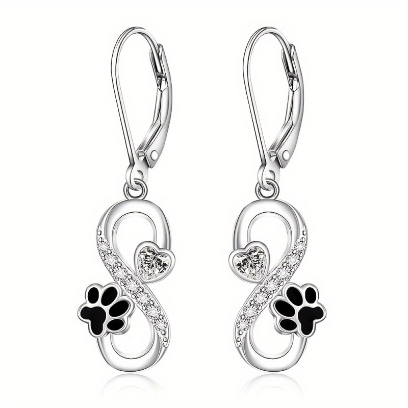 Image of Exquisite Zirconia Infinity Drop Earrings Elegant Earrings For Daily Party Holiday Cute Enamel Black Paw Print Earrings Jewelry Birthday Gift For Friend