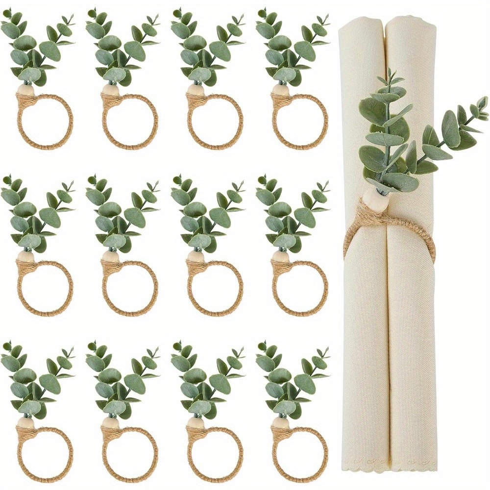 TEMU 12 Pack Napkin Rings Easter Napkin Rings, Eucalyptus Leaf Napkin Rings, Boho Napkin Rings, Wood Bead Farmhouse Easter Napkin Ring Holder For