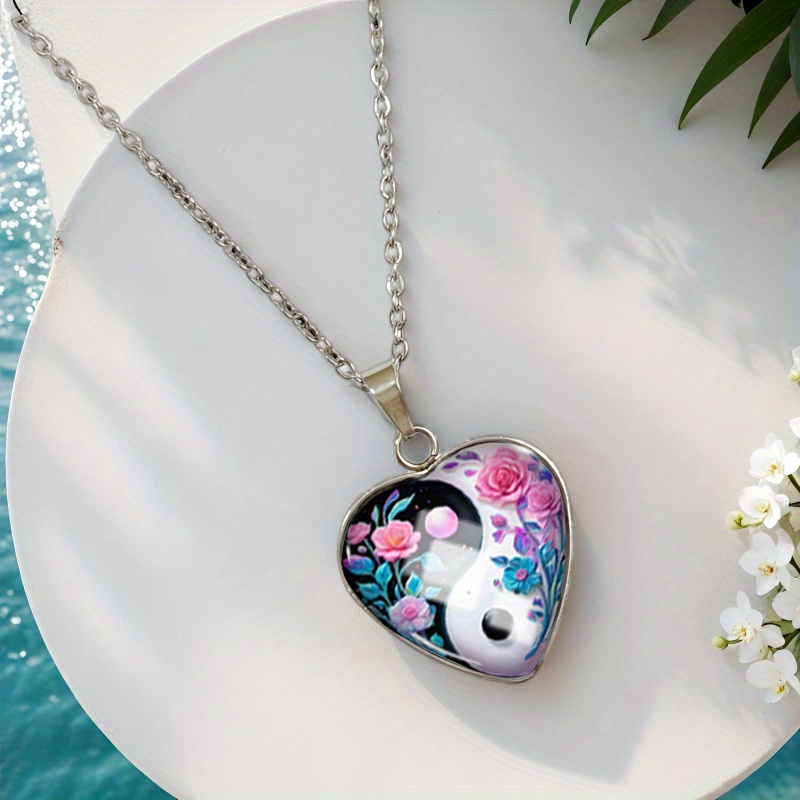 Heart-Shaped Stainless Steel Pendant Necklace with Yin-Yang Rose Pattern