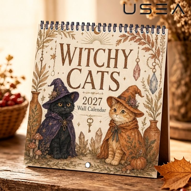 TEMU 2027 Wall Calendar, 2027 Cats Wall Calendar, Vintage Magical Themed 12-month Monthly Planner & Yearly Organizer With Habit , Twin Wire Spiral