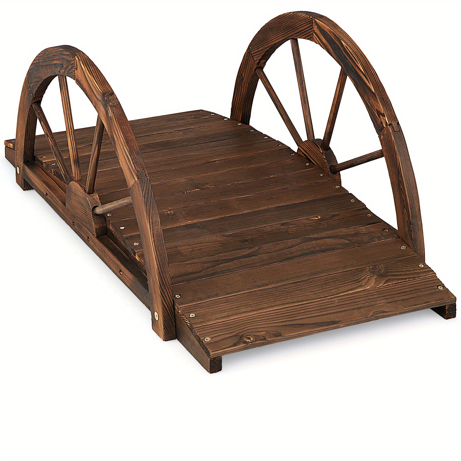 Image of Wooden , Carbonized Fir Wood Arc Bridge W/ Wheel-shaped Safety Railings, Stained Finish, Decorative Garden Landscape, Rustic Outdoor Decor For Courtyard, Garden, Creek, Farm