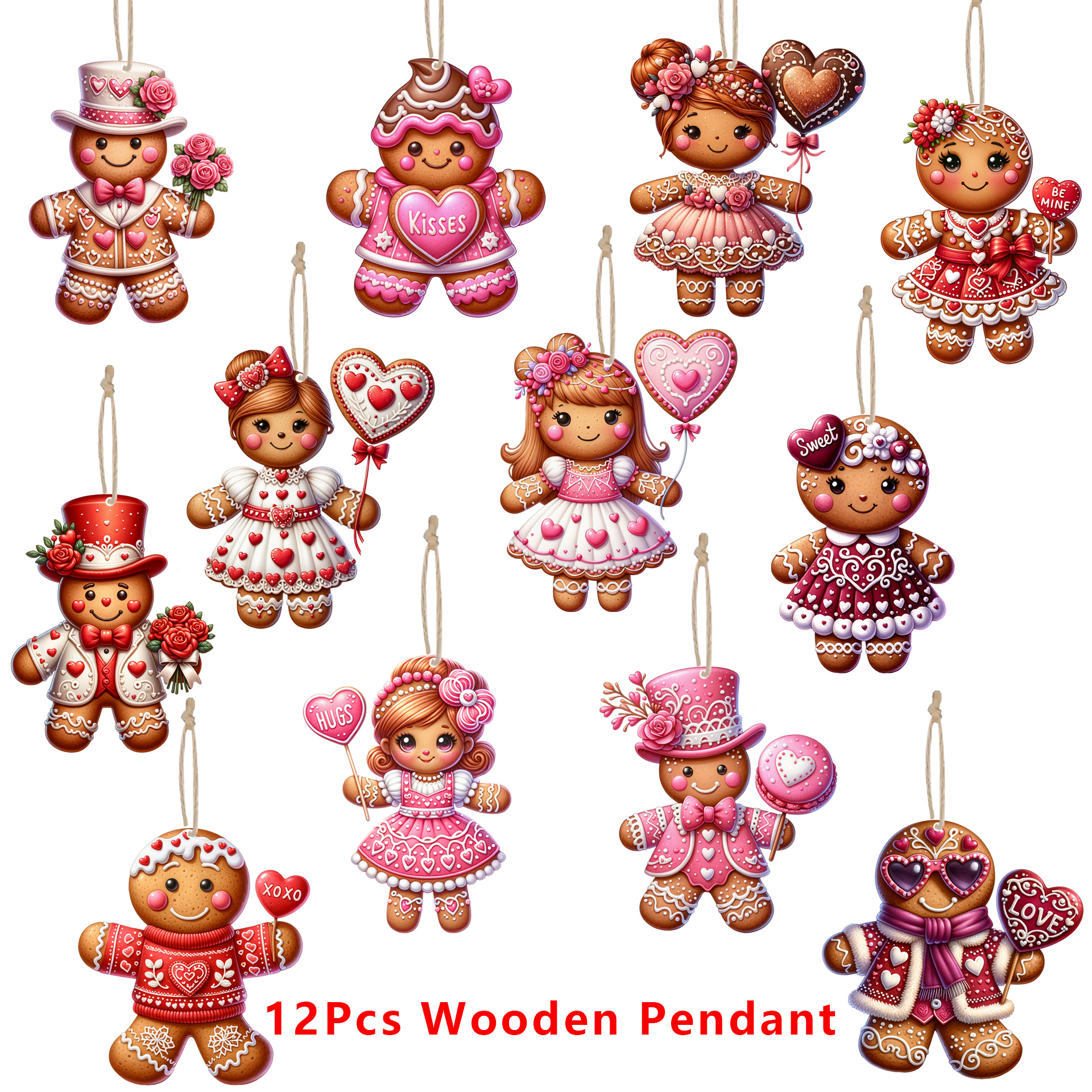 

12pcs/set Gingerbread Man Wooden Valentine's Day Decoration Charm, Valentine's Day Party Scene Decoration, Window Decoration, Restaurant Decoration, Gift , No Electricity