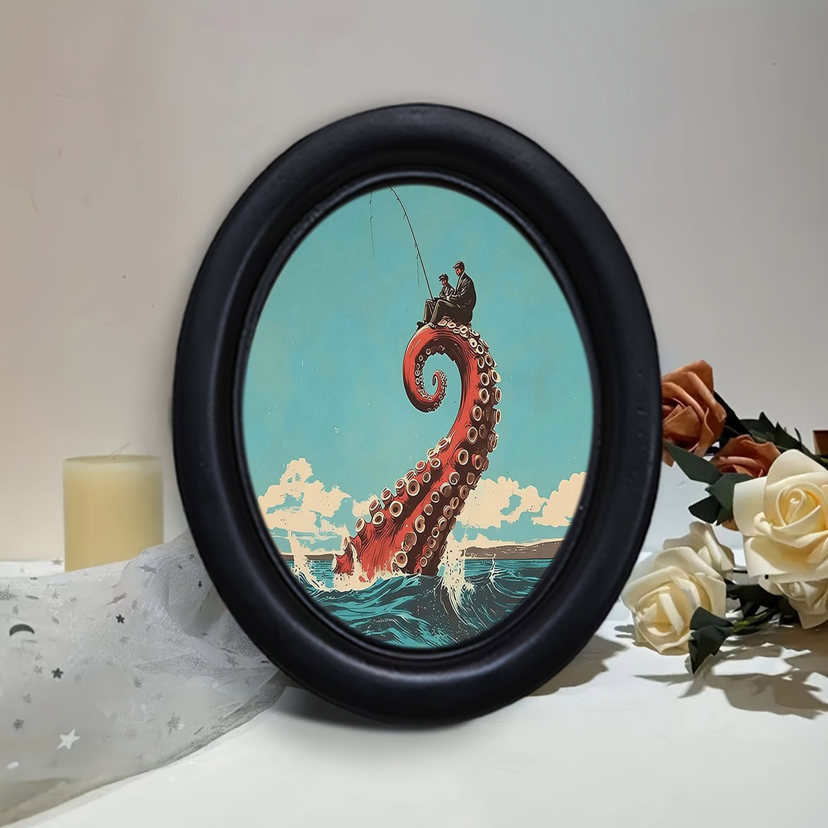 TEMU A Black Single-frame Decorative Photo Frame With A Vintage Octopus Tentacle Scene Design, Made Of Material, Children's Room Decor, Featuring A