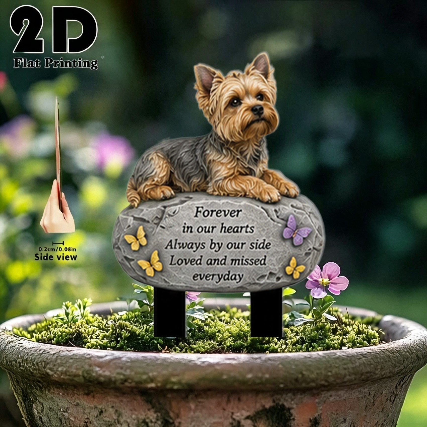 TEMU Piquet commémoratif Yorkshire Terrier plat 2D avec plaque en gravable - Piquet de sol adapté , marqueur d'extérieur, base noire pour décoration