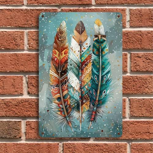 vintage tribal feather art metal tin sign frameless aluminum wall decor with vibrant home bar and multi purpose spaces