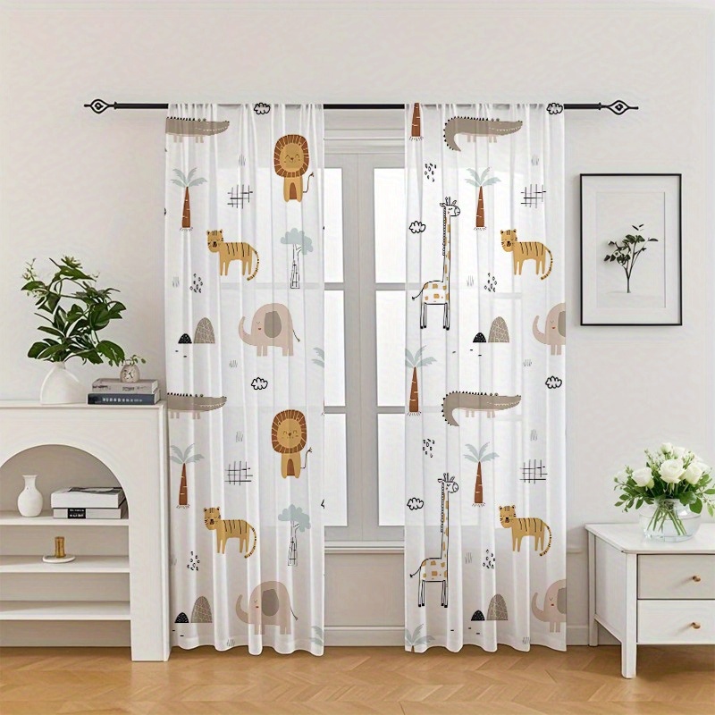 TEMU 2d Flat - 2d Flat - 2-pack African Animals, Flat Print, Pole Mouth Design, Light Filtering, Suitable For Living Room, Kitchen, Cafe, Bedroom,