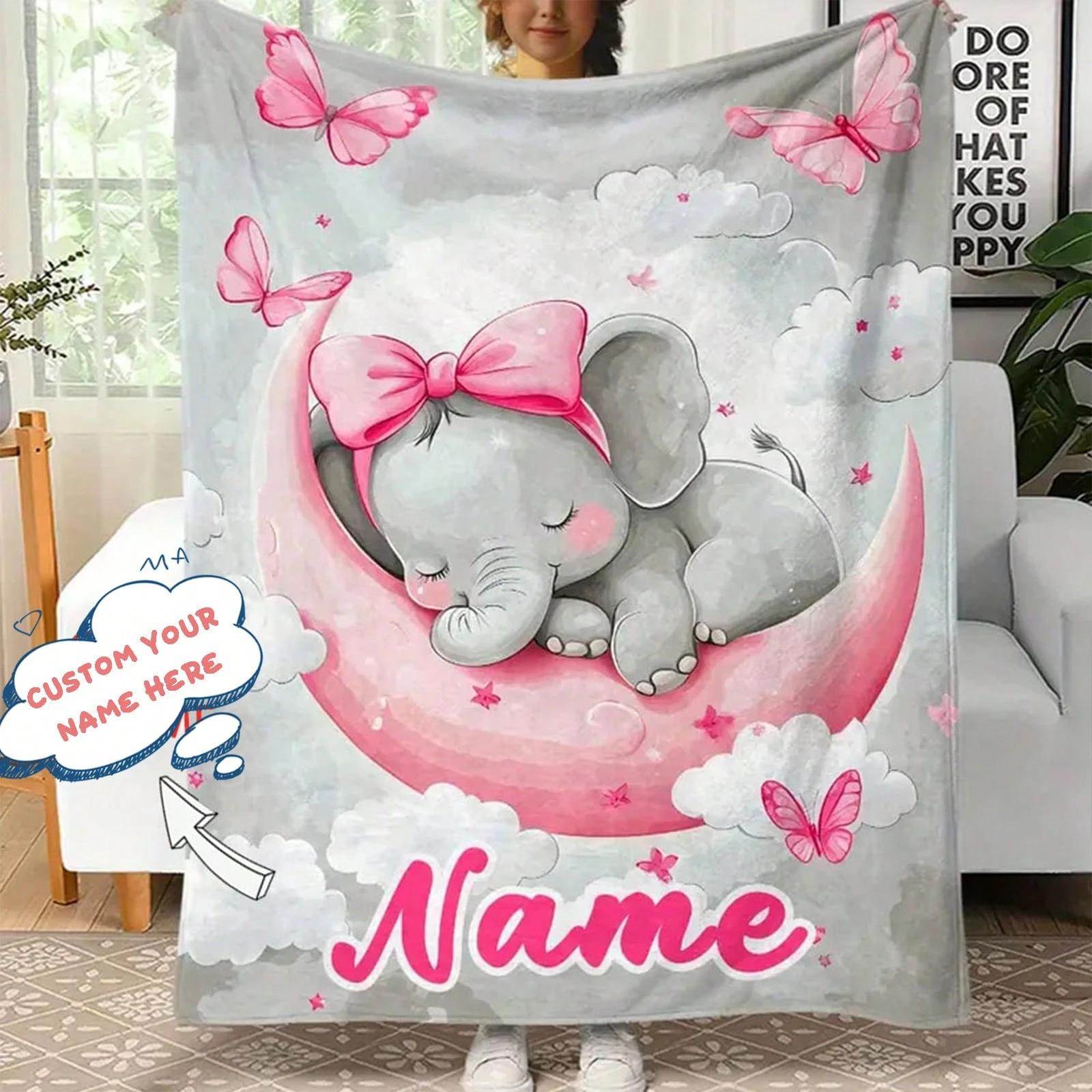 Custom Name Blanket with Light Gray and Pink Elephant Pattern