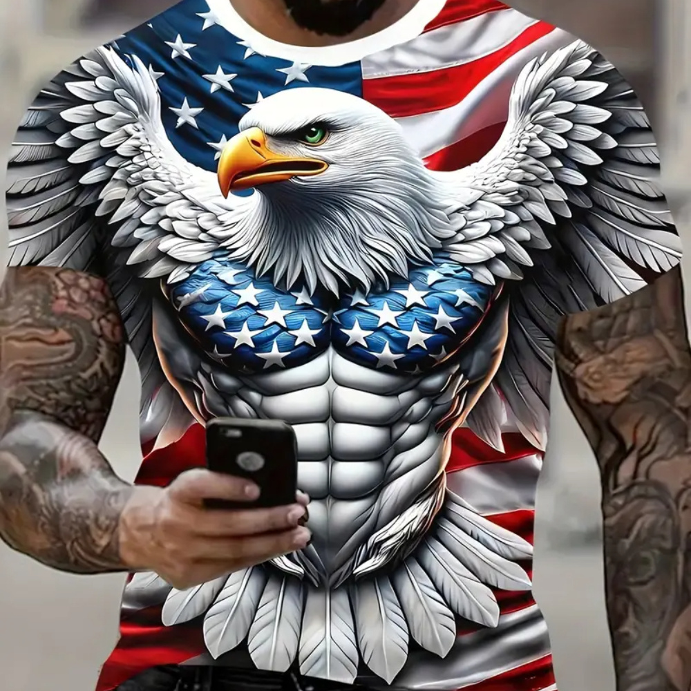 

Casual Comfortable Polyester 3d Eagle & American Flag Print - For Him Or Her Round Neck Short Sleeve T-shirt Shirts Funny Gift T-shirt