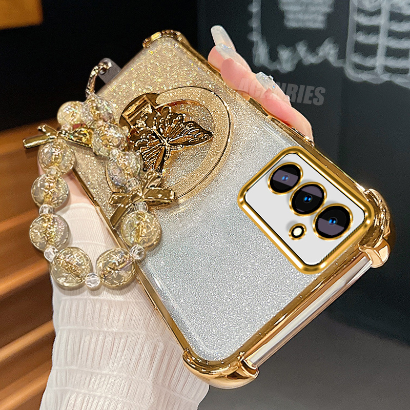 TEMU Coque de téléphone - S23FE Élégante Papillon Étincelant Support Pliant avec Lanière Perlée Chaîne de Bras et Coque de Téléphone à Revêtement