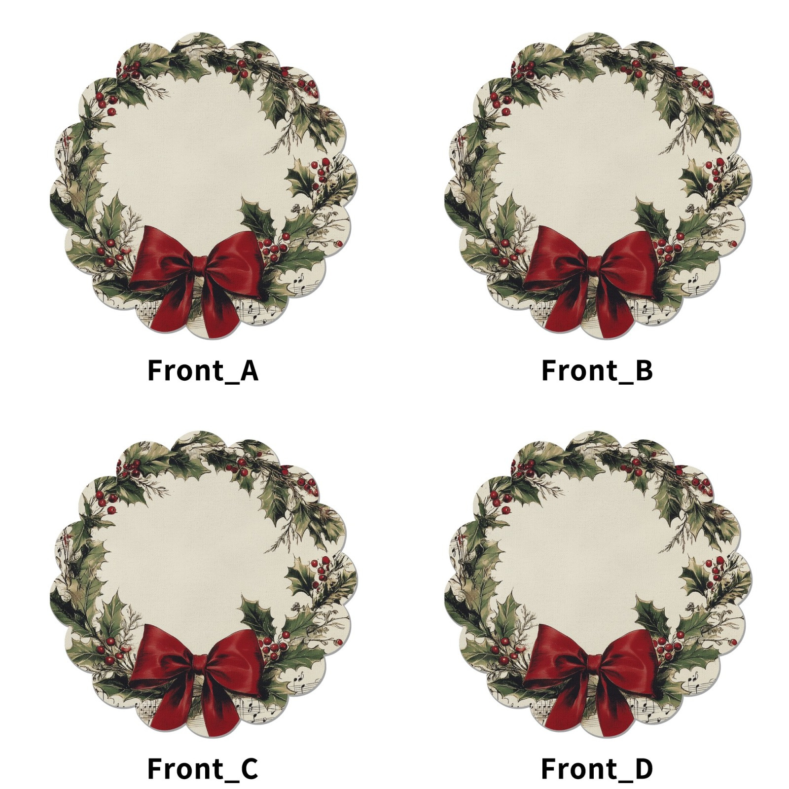 4pcs vintage wreath design round placemats with musical notes and red bow non slip machine washable polyester table mats for christmas   banquet and party dining decor Product details 4